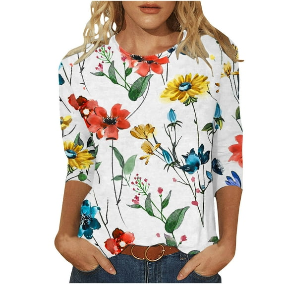 Womens 3/4 Sleeve Round Neck TShirts Floral Print Tunic Loose Casual Blouses Lightweight Fashion Tops