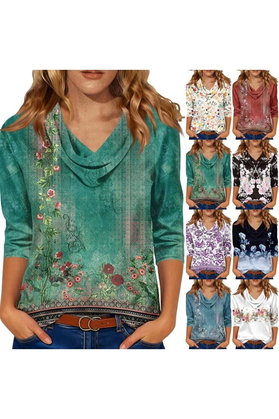 Womens 3/4 Sleeve Satin Tops Cowl Neck Going Out Floral Print Blouses Dressy Evening Spring Summer Party Tunic 2026 Blue 2XL