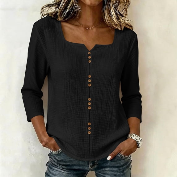 Womens 3/4 Sleeve Shirt Button Detail Top Summer Baggy Square Notch Neck Casual Boho Blouses XL