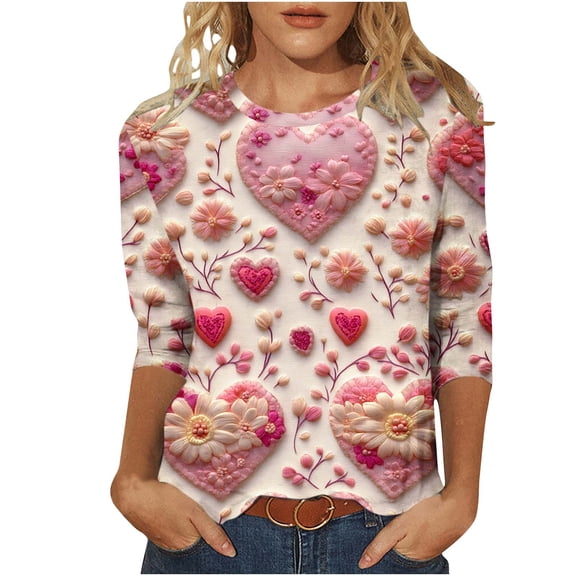 Womens 3/4 Sleeve Shirt Crewneck Casual Loose Print Valentine's Day Womens T Shirt Tee Tops