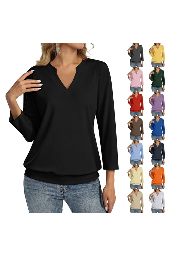 Womens 3/4 Sleeve Shirts Banded Bottom V Neck Summer Tops Loose Fit Casual Dressy Basic Tees Pink L