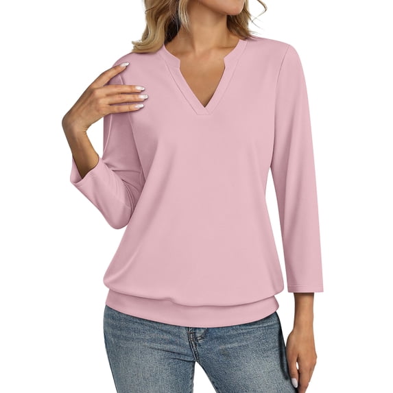Womens 3/4 Sleeve Shirts Banded Bottom V Neck Summer Tops Loose Fit Casual Dressy Basic Tees