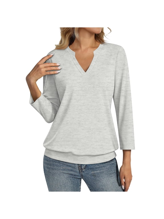 Womens 3/4 Sleeve Shirts Banded Bottom V Neck Summer Tops Loose Fit Casual Dressy Basic Tees