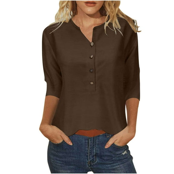 Womens 3/4 Sleeve Shirts Basic Button V-Neck T-Shirts Cute Casual Tunic Tops Pullover