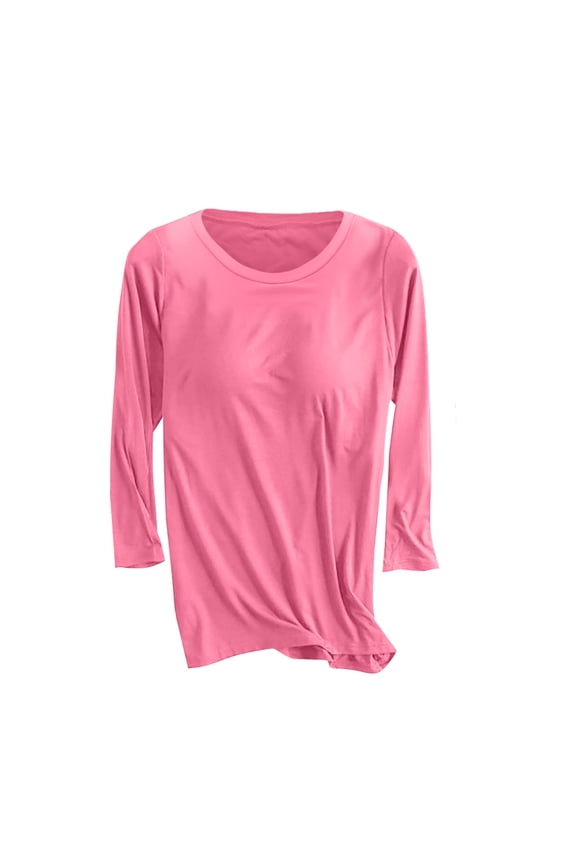 Womens 3/4 Sleeve Shirts Built in Bra Crewneck Slim Fit Basic Tee Tops Casual T-Shirt Base Layer Undershirts (L, Hot Pink)