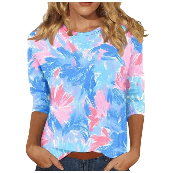 Womens 3/4 Sleeve Shirts Casual Tunic Tops Graphic Crewneck Summer Loose Fitting Workout Tee Shirts Blue A M