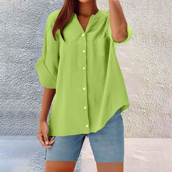 Womens 3/4 Sleeve Shirts Collared Solid Color 2026 Work Tops Button Down Casual Business Dressy Spring Blouses