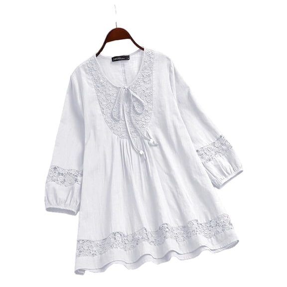 Womens 3/4 Sleeve Shirts Cotton Linen Roll Up Short Sleeve Tops V Neck Casual Loose Fit Blouses White 4XL