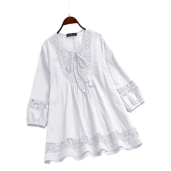 Womens 3/4 Sleeve Shirts Cotton Linen Roll Up Short Sleeve Tops V Neck Casual Loose Fit Blouses White XXL