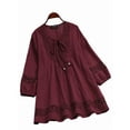 thumbnail image 1 of Womens 3/4 Sleeve Shirts Cotton Linen Roll Up Short Sleeve Tops V Neck Casual Loose Fit Blouses Wine Red L, 1 of 7