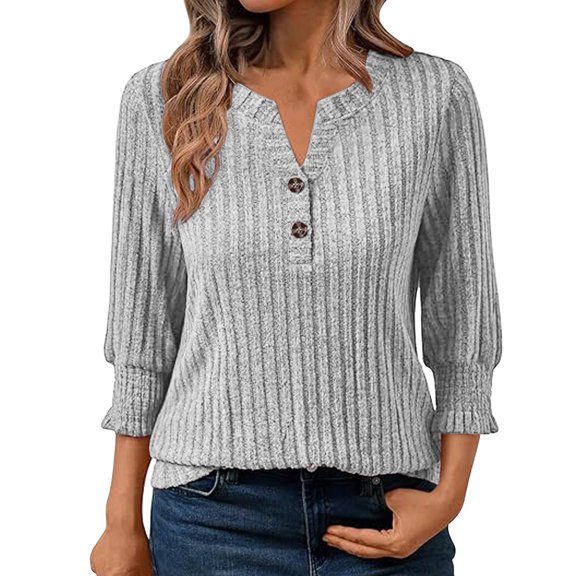 Womens 3/4 Sleeve Shirts Fall Fashion Outfits V Neck Tops Loose Sweaters Blouses Tunic Clothes Light Gray S