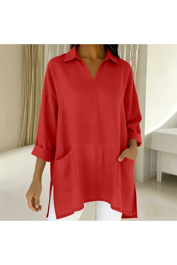 Womens 3/4 Sleeve Shirts Loose Casual Linen Tops for Women V Neck Collared High-Low Hem Split Top with Pockets