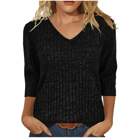 Womens 3/4 Sleeve Shirts Soft Striped Knitted Pullover Top Fashion V-neck Solid T-shirts Slim Fit Shirts Casual Underwear Trendy Basic Tee 2025 Fall Clothing