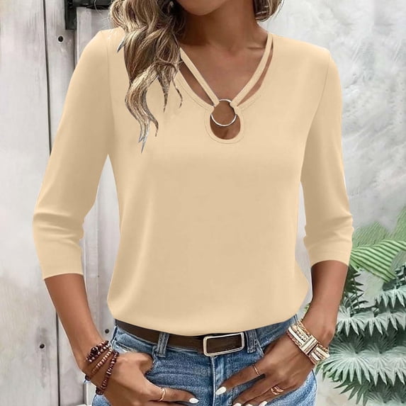 Womens 3/4 Sleeve Shirts Spring 2026 Cut Out Tops Ribbed Knit Ring Keyhole Neck Casual Tees Beige 2XL