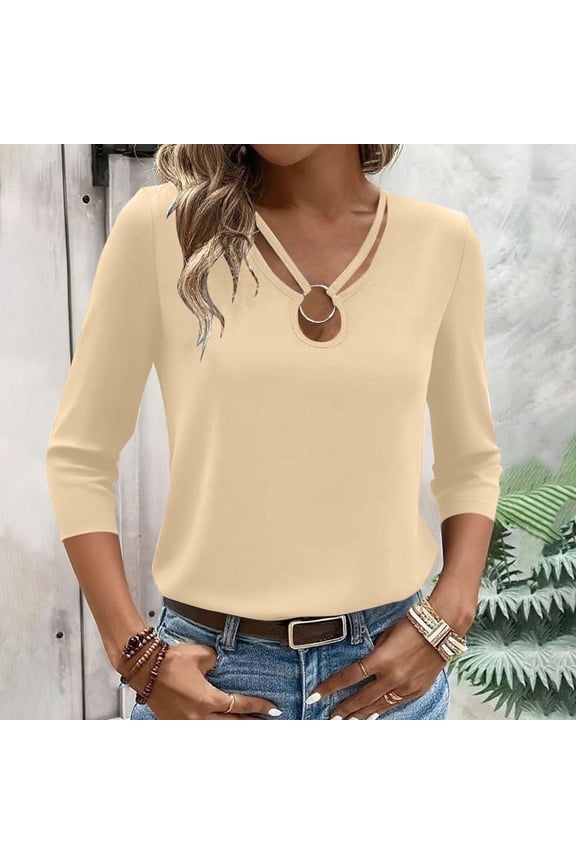 Womens 3/4 Sleeve Shirts Spring 2026 Cut Out Tops Ribbed Knit Ring Keyhole Neck Casual Tees Beige 2XL