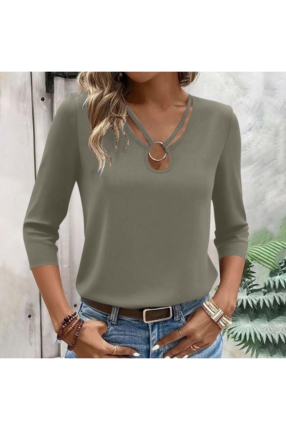 Womens 3/4 Sleeve Shirts Spring 2026 Cut Out Tops Ribbed Knit Ring Keyhole Neck Casual Tees Gray M