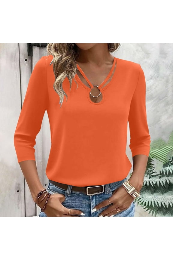 Womens 3/4 Sleeve Shirts Spring 2026 Cut Out Tops Ribbed Knit Ring Keyhole Neck Casual Tees Orange M