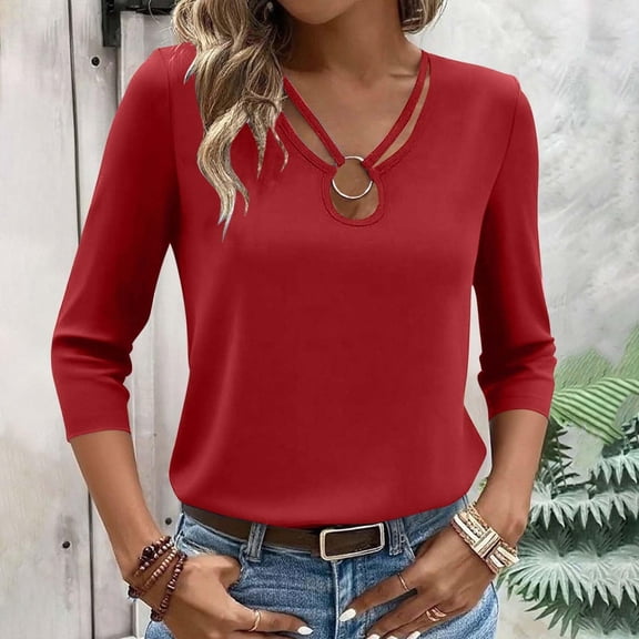 Womens 3/4 Sleeve Shirts Spring 2026 Cut Out Tops Ribbed Knit Ring Keyhole Neck Casual Tees Red M