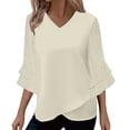thumbnail image 1 of Womens 3/4 Sleeve Shirts V Neck Ruffle Hem Solid Color Blouse Fashion Elegant Flowy Loose Dressy Tops Holiday Party Summer Outfits, 1 of 5