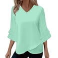 thumbnail image 1 of Womens 3/4 Sleeve Shirts V Neck Ruffle Hem Solid Color Blouse Fashion Elegant Flowy Loose Dressy Tops Holiday Party Summer Outfits, 1 of 5