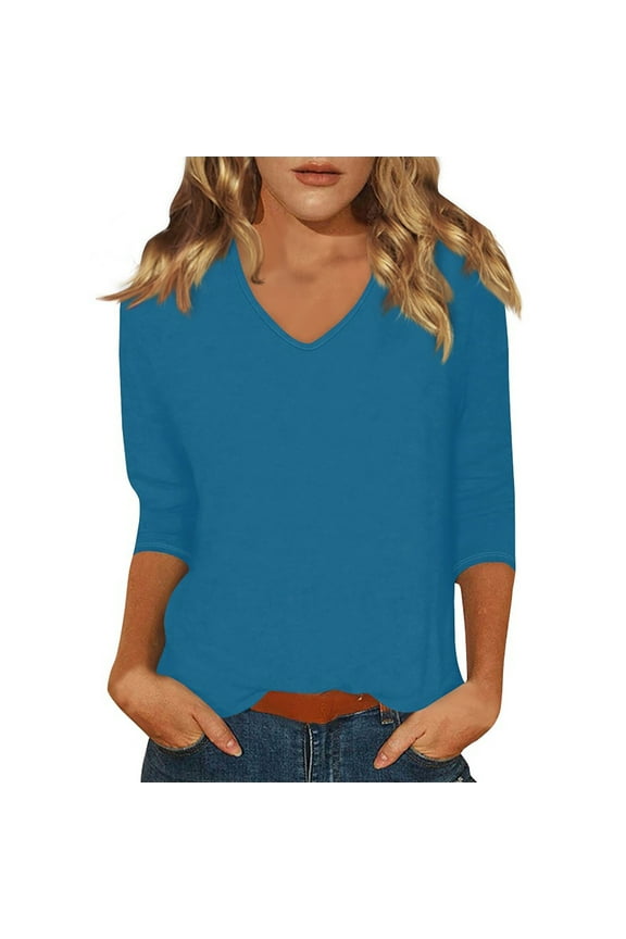 Womens 3/4 Sleeve Shirts, V Neck T Shirts for Women Summer Casual Loose Fit Solid Color Tees Tops S-2XL