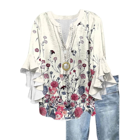 Womens 3/4 Sleeve Shirts Vintage Floral Print Tops with Buttons Deep V-Neck Wave Bell Sleeve Flowy Shirts Summer Boho Tunic Loose Tops Casual Blouses Beach Clothes