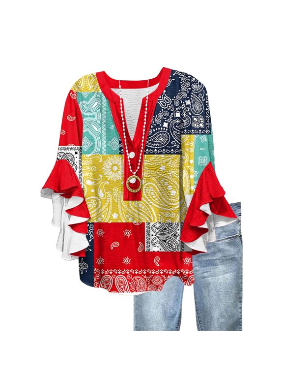 Womens 3/4 Sleeve Shirts Vintage Floral Print Tops with Buttons Deep V-Neck Wave Bell Sleeve Flowy Shirts Summer Boho Tunic Loose Tops Casual Blouses Beach Clothes