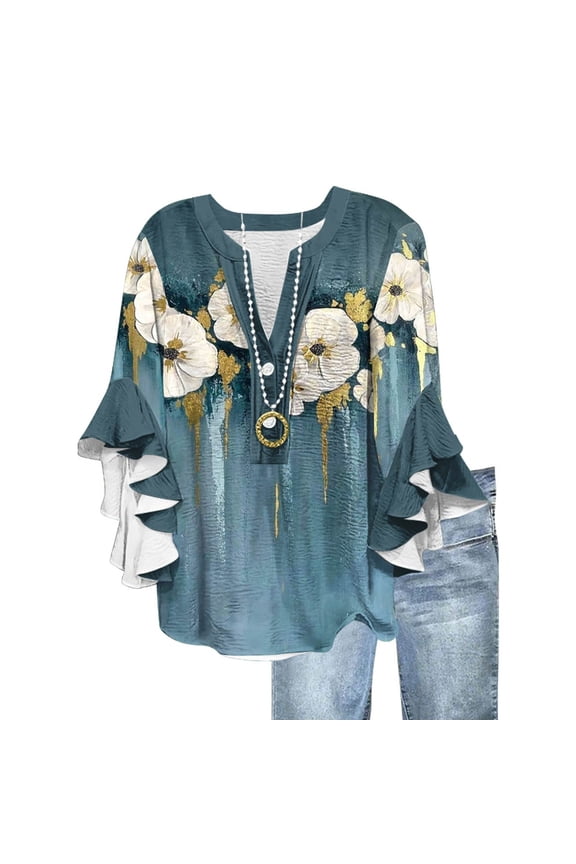 Womens 3/4 Sleeve Shirts Vintage Floral Print Tops with Buttons Deep V-Neck Wave Bell Sleeve Flowy Shirts Summer Boho Tunic Loose Tops Casual Blouses Beach Clothes