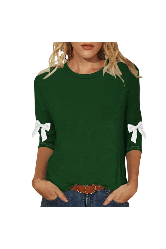 Womens 3/4 Sleeve Shirts with Bows, Plus Size Tops for Women Fall Fashion Loose Fit Solid Color Crewneck T-Shirts
