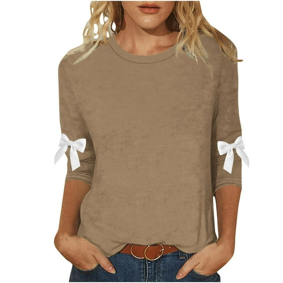 Womens 3/4 Sleeve Shirts with Bows, Plus Size Tops for Women Fall Fashion Loose Fit Solid Color Crewneck T-Shirts