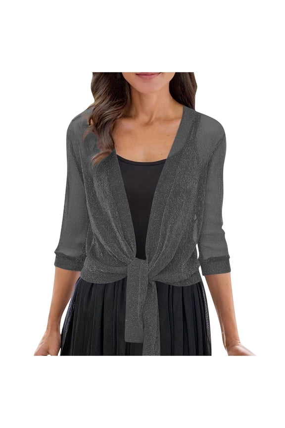 Womens 3/4 Sleeve Shrug Sheer Mesh Cardigans Tie Front Cropped Lightweight Shawl Top Trendy Dressy Open Front Cardigan Shrugs