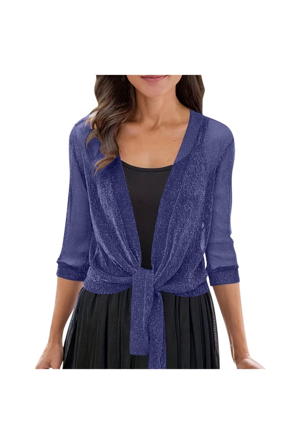 Womens 3/4 Sleeve Shrug Sheer Mesh Cardigans Tie Front Cropped Lightweight Shawl Top Trendy Dressy Open Front Cardigan Shrugs