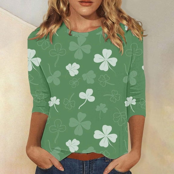Womens 3/4 Sleeve St. Patrick's Day T-Shirts Crew Neck Cute Saints Tops Women Trendy Funny Cute Saints Tops Green Clover T-Shirts Saint Patrick's Tunic Tops Casual Tee Tops Shamrock Print Shirts