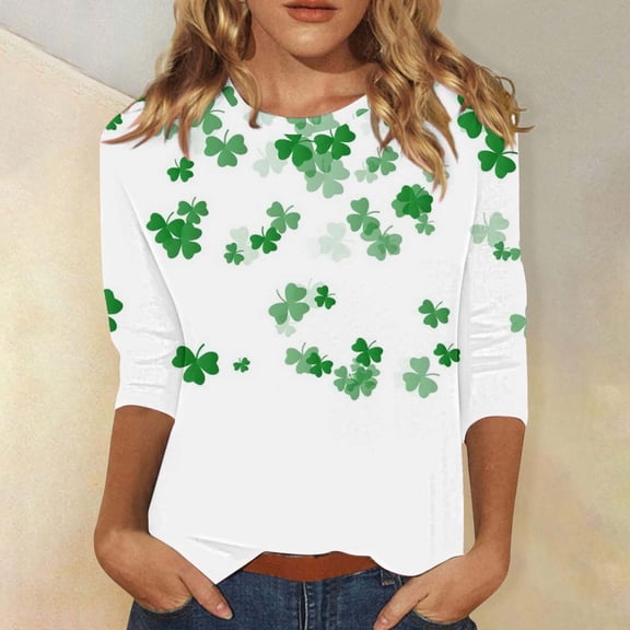 Womens 3/4 Sleeve St.Patrick's Day T-Shirts Shamrock Print Shirts Green Clover T-Shirts Crew Neck Cute Saints Tops Irish Clover Tshirts Saint Patrick's Tunic Tops Business Work Top Cute Saints Tops
