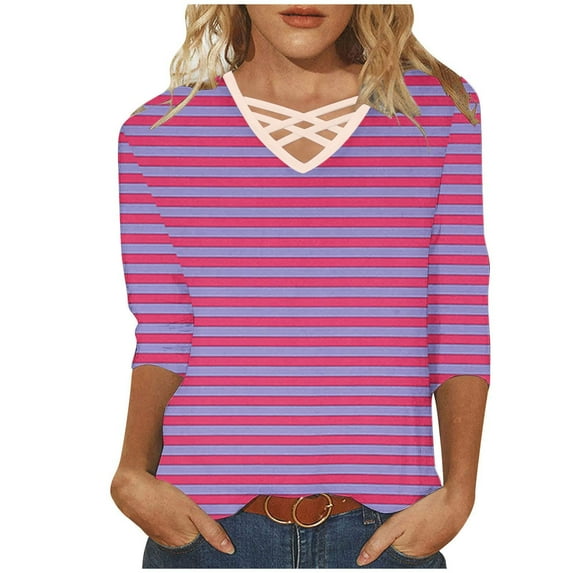 Womens 3/4 Sleeve Striped Tops Crisscross V Neck Casual Tee Shirts Spring Fall Pullover Plus Size Tshirts (M, Purple)