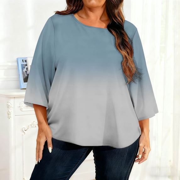 Womens 3/4 Sleeve Summer Tops Gradient Color Crew Neck T Shirts Loose Fitting Casual Blouse Plus Size Tops for Curvy Women