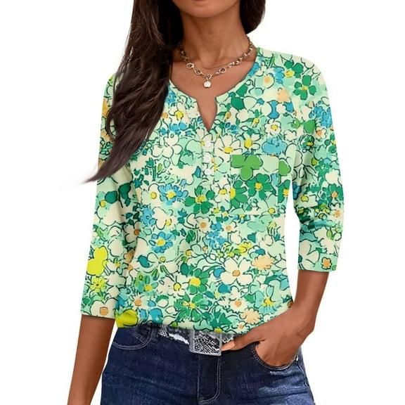 Womens 3/4 Sleeve Summer Tops Henley Neck Floral Shirts Loose Casual Half Sleeve Tshirts with Pocket