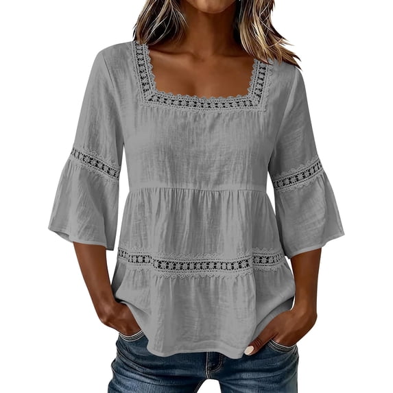 Womens 3/4 Sleeve Summer Tops Ladies Boho Summer Tops Elegant Loose Fit Top Professional Blouses for Women Daily T Shirts Square Neck Work Tees Cute Tunic Tee Gray XL