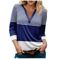 thumbnail image 1 of Womens 3/4 Sleeve T-Shirt Tops V-Neck Casual Striped Print Color Block Loose Trendy Fall Tunic Blouse Tops,Blue 2,S, 1 of 5