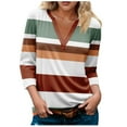 thumbnail image 1 of Womens 3/4 Sleeve T-Shirt Tops V-Neck Casual Striped Print Color Block Loose Trendy Fall Tunic Blouse Tops,Khaki 2,S, 1 of 5