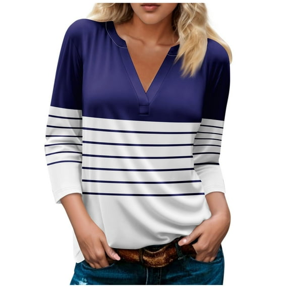 Womens 3/4 Sleeve T-Shirt Tops V-Neck Casual Striped Print Color Block Loose Trendy Fall Tunic Blouse Tops,Navy 1,2XL