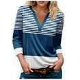thumbnail image 1 of Womens 3/4 Sleeve T-Shirt Tops V-Neck Casual Striped Print Color Block Loose Trendy Fall Tunic Blouse Tops,Navy 2,M, 1 of 5