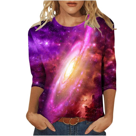 Womens 3/4 Sleeve T Shirt with Celestial Starry Sky Print Fashion Blouse Crew Neck Top for Daily Wear B-Red L