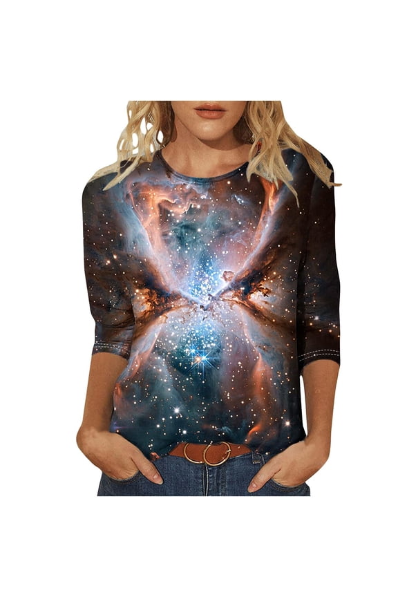 Womens 3/4 Sleeve T Shirt with Celestial Starry Sky Print Fashion Blouse Crew Neck Top for Daily Wear C-Black L