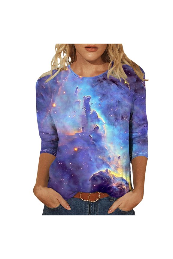 Womens 3/4 Sleeve T Shirt with Celestial Starry Sky Print Fashion Blouse Crew Neck Top for Daily Wear G-Blue L