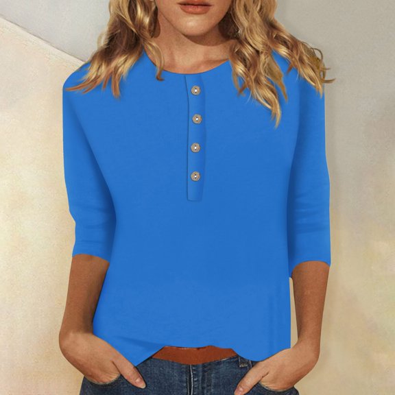 Womens 3/4 Sleeve T-Shirts Crew Neck Buttons Tops Basic Cute Print Tee Solid Color Blouse Loose Fit Pullover Summer Shirts