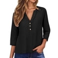 thumbnail image 1 of Womens 3/4 Sleeve T Shirts Solid Color Split Neck Summer Casual Soft Tee Tops Black L, 1 of 5