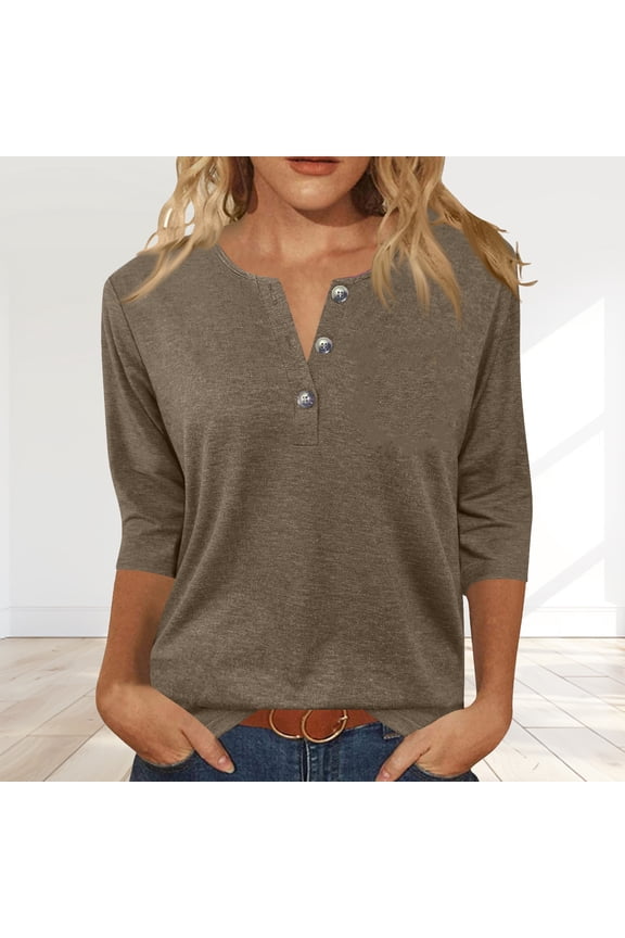 Womens 3/4 Sleeve T-Shirts Summer V Neck Buttons Tops Solid Color Basic Tee Shirts, Camel XL