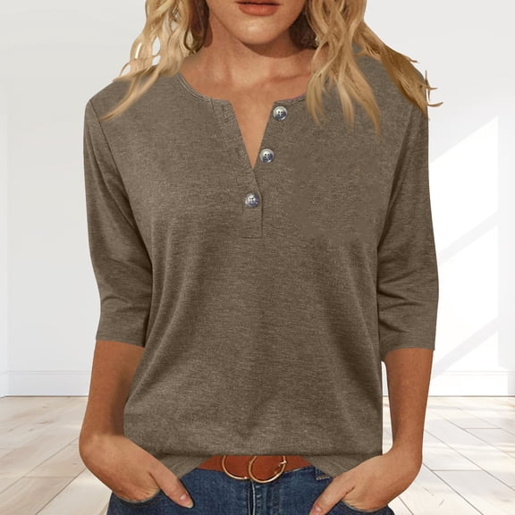 Womens 3/4 Sleeve T-Shirts Summer V Neck Buttons Tops Solid Color Basic Tee Shirts, Camel XL