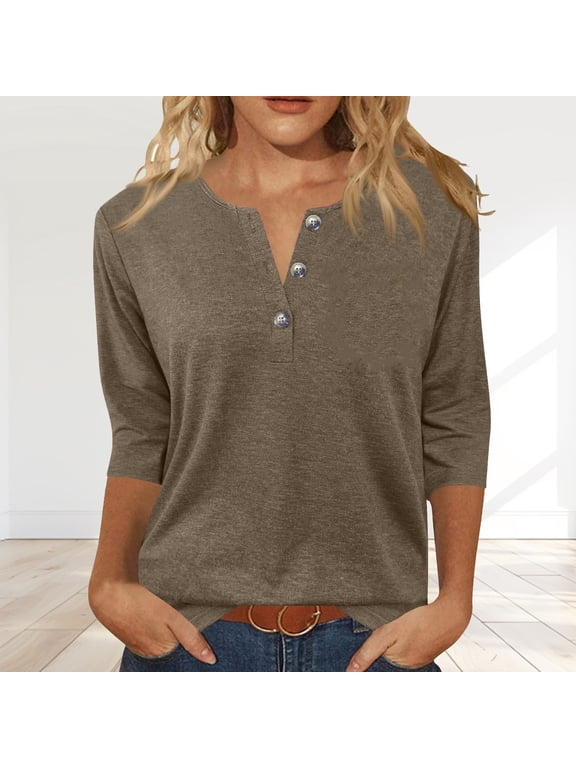 Womens 3/4 Sleeve T-Shirts Summer V Neck Buttons Tops Solid Color Basic Tee Shirts, Camel XL